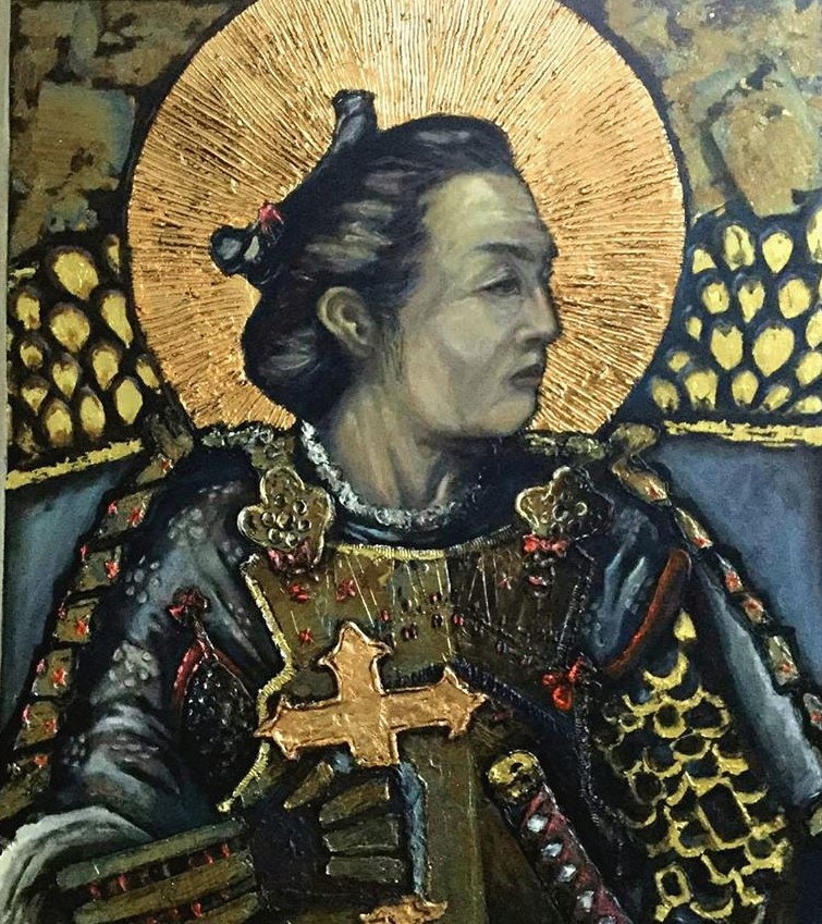 A painting of Blessed Justo Takayama made in Japan by a Filipino artist John Andrew Sustaita, of Real Catholic Art